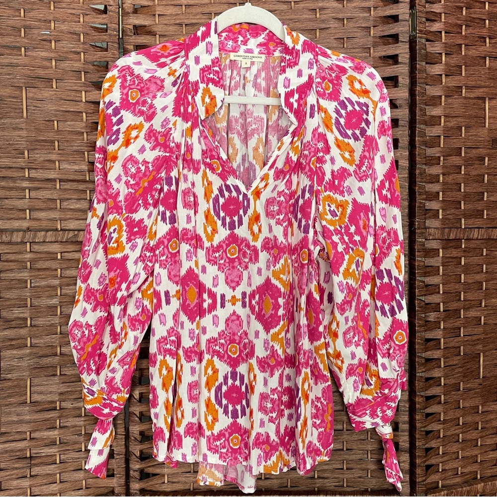 Christian Siriano Pink Ikat Tie-Sleeve Blouse 3/4 Sleeve, Boho Dopamine Retro, S